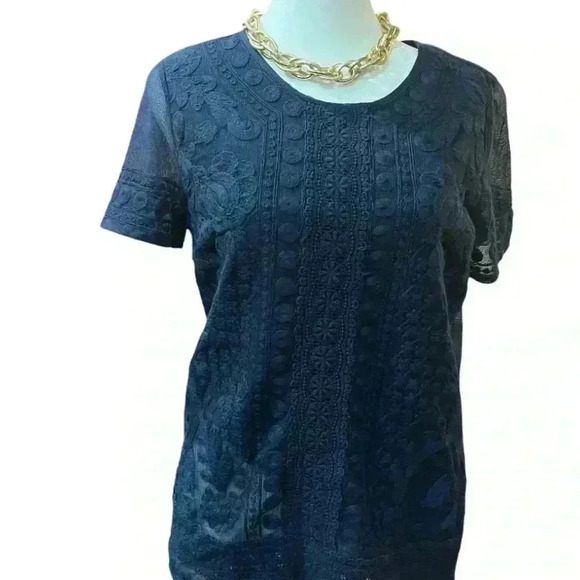 Ralph Lauren Petite Small Navy Top Short Sleeve lace - Picture 1 of 9